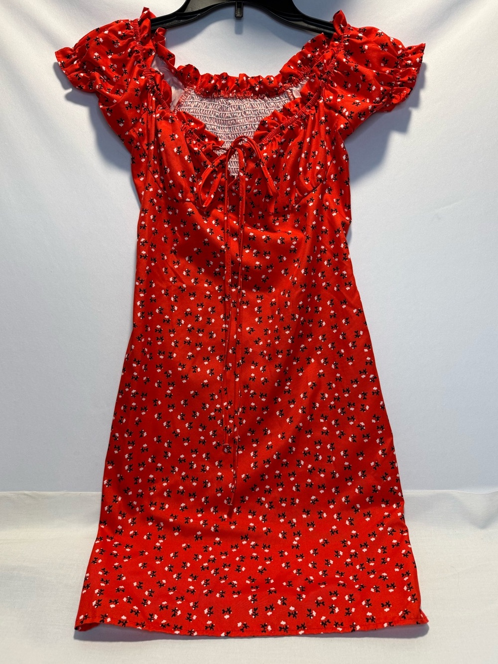 Red Bodycon Floral Print Mini Dress with Black and White Flowers - Size S